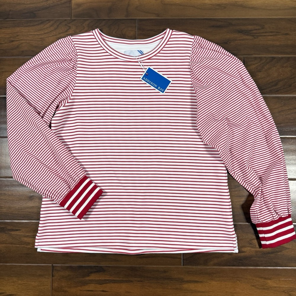 Addison Bay Red and White Striped Long Sleeve Sweatshirt